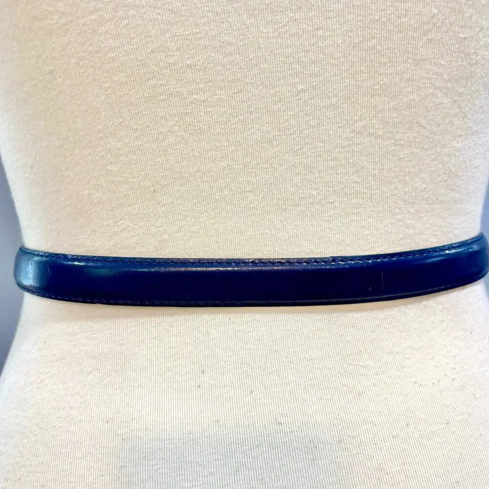 Vintage Navy Blue Leather Skinny Belt Gold Buckle Quiet Luxury L